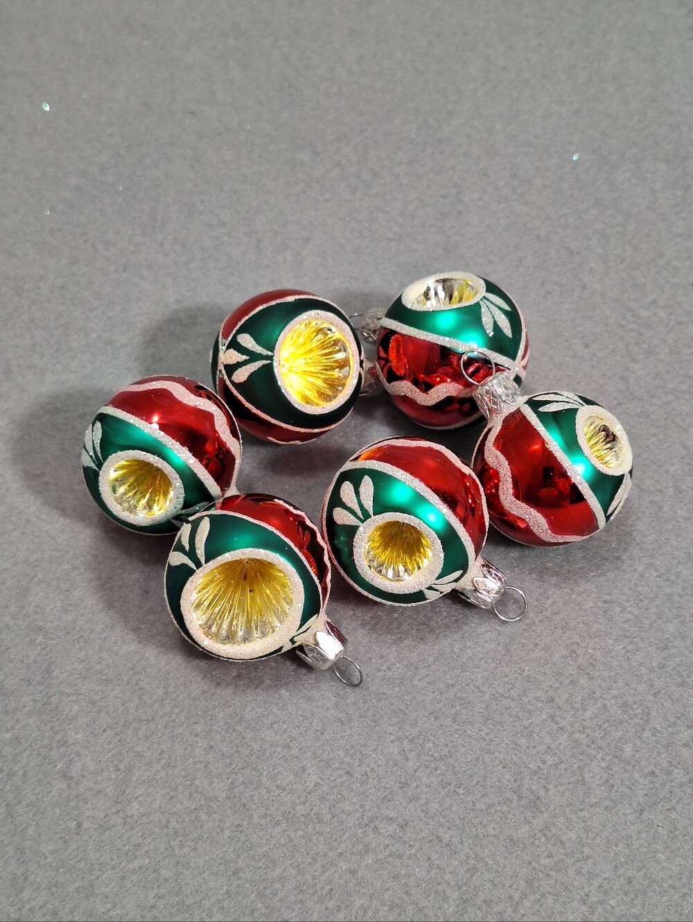 6 Vintage Red & Green Mercury Glass Indent Christmas Ornaments Mid Century 1 In